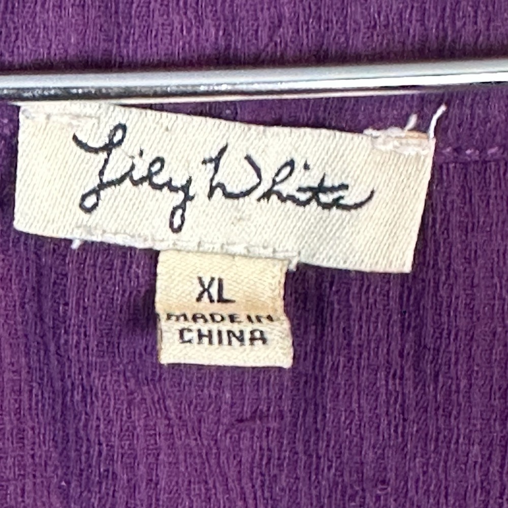 Lily White Purple Blouse XL Long Sleeve Tie‎ Cuff Hi-Low Hem Casual Top - Picture 4 of 6